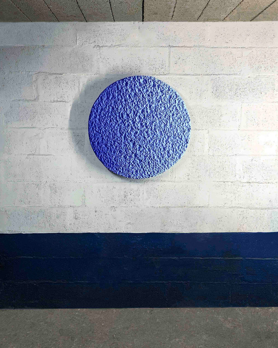 a blue and blue wall with a blue frisbee 